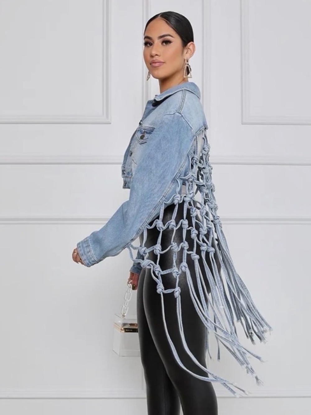 Light Blue Macrame Festival Denim Jacket with Knotted Fringe